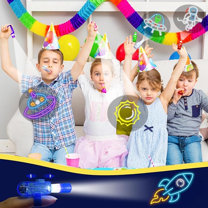 24PCS Party Favors LED Finger Lights, Glow in the Dark Light Up Toys Gifts Bulk for Kids Boy Girl Birthday Goodie Bags Stuffers Party Decorations Back to School Party Classroom Prizes (space)