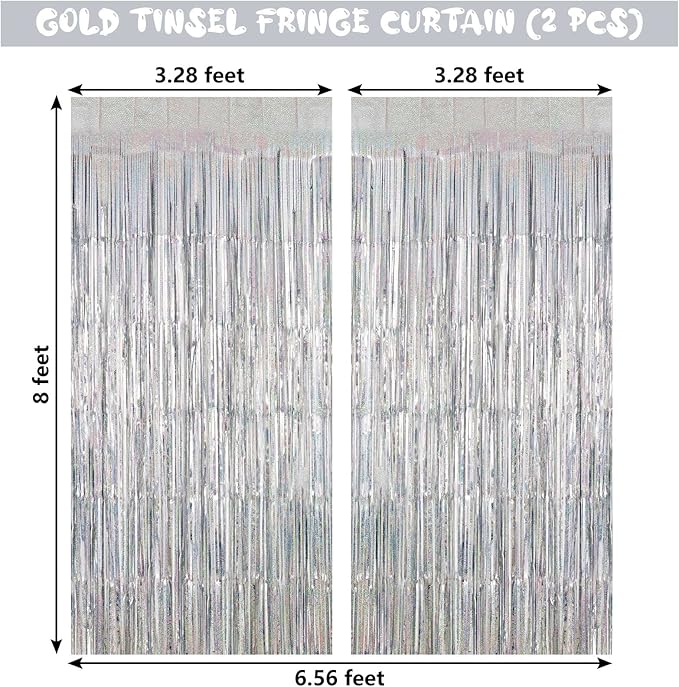 Silver Tinsel Foil Fringe Curtain Backdrop, 3.3 x 8.2 ft Metallic Glitter Curtain Streamers, 2 Pack Silver Photoboth for Birthday New Year Eve 2024 Disco Party Decorations