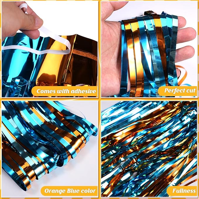 6 Pack 3.3X6.6Ft Blue Dog Foil Fringe Curtains Backdrop Decorations, Orange and Light Blue Birthday Party Tinsel Metallic Streamers Photo Booth Background for Dog Theme Party Supplies