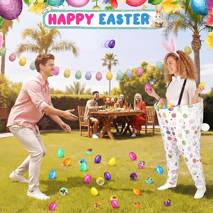 Vinsot 16 Pcs Easter Granny Pants Yard Game Set Oversized Granny Pants with Colorful Easter Eggs, Bowtie, Bunny Ears and Tail, Outdoor Tossing Game Bunny Suit for Spring