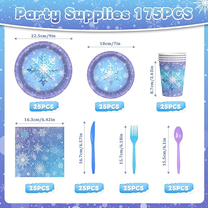 175Pcs Snowflake Paper Plates and Napkins Set - Blue Purple Christmas Themed Paper Plates, Cups, Napkins Cutlery for Winter Wonderland Holiday Decorations Birthday Wedding Party Supplies for 25 Guests