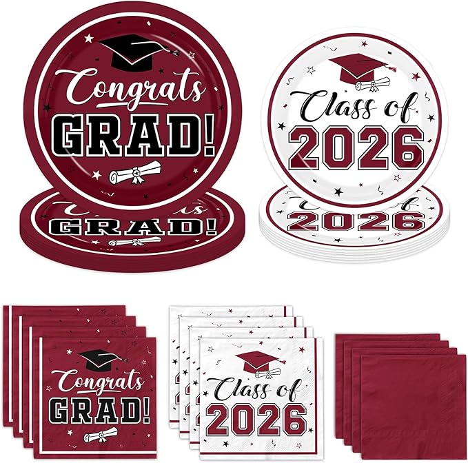 Graduation Party Plates and Napkins Maroon Class of 2026 Grad Congrats Party Supplies Disposable Dessert Paper Plates Cocktail Napkins forGraduation Party Decorations,Serve 50