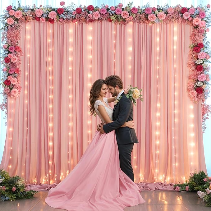 10ft x 10ft Dusty Rose Chiffon Backdrop Curtain with Lights String for Parties,2 Panels Sheer Tulle Curtain Wedding Photo Backdrop with Lights for Baby Shower Birthday Party Ceremony Home Decorations