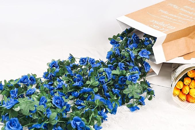 Miracliy 8Pcs 66FT Blue Flower Garland, Artificial Rose Floral Vines Fake Hanging Spring Flower Garland for Wall Backdrop Wedding Arch Tea Party Door Mantle Decoration