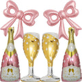 6 Pcs Pink Bow Balloons, Huge Rose Gold Champagne Bottle Goblet Aluminum Foil Balloons for Birthday, Bachelorette, Bridal Shower, Wedding, Anniversary, Engagement Party Decorations Supplies