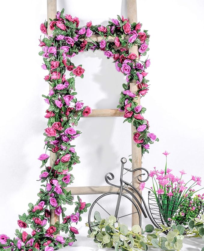Miracliy 8Pcs 66FT Purple Flower Garland, Artificial Rose Floral Vines Fake Hanging Spring Flower Garland for Wall Backdrop Wedding Arch Tea Party Door Mantle Decoration