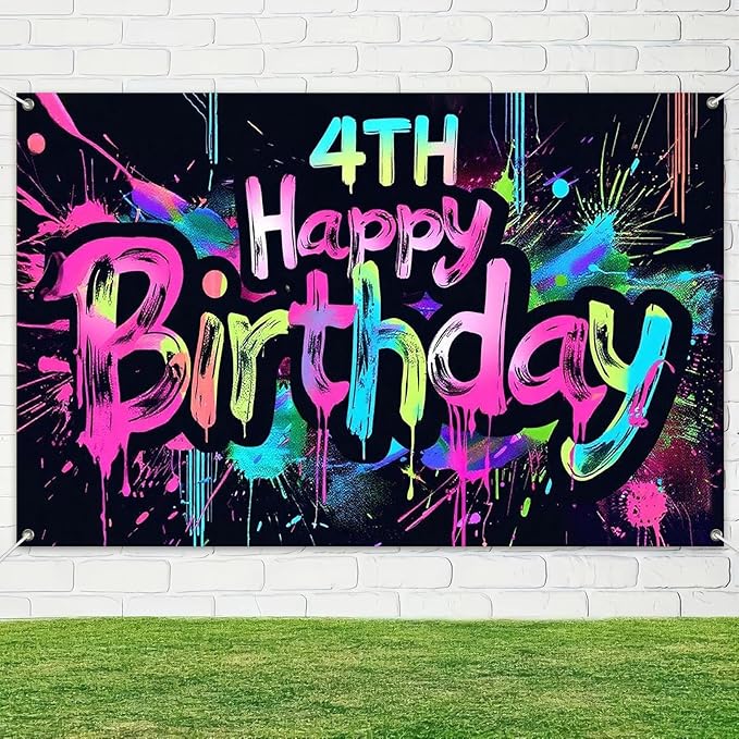 Neon 4th Birthday Party Banner 71x43 Inch Paint Splatter Walls Decor for Kids Boys Girls Four Years Celebration Photo Booth Dynamic Background Glow in The Dark Backgrounds