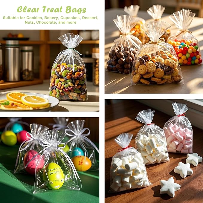 PPRAFDD 100 Pcs 6x10 Cellophane Bags Clear Cellophane Gift Bag with Twist Ties Clear Treat Bags for Bakery,Popcorn,Cookies,Candies,Dessert, Small Gift Party Favors
