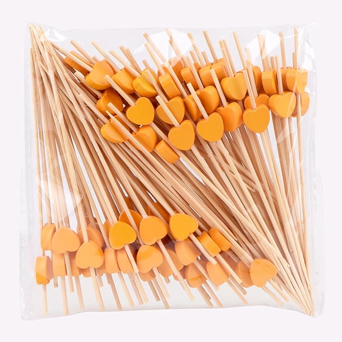 JtmyAota 100 Pack Fruit Toothpicks, Heart-Shaped Bamboo Cocktail Picks, Natural Bamboo Toothpicks for Appetizers Fruit Cake Dessert Barbecue Snacks Sandwiches (Orange)