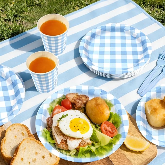 Blue Gingham Disposable Party Tableware Set for 30 Guests – 9 & 7 Inch Paper Plates, Cups, Napkins and Forks, Blue Checkered Paper Dinnerware for Birthday, Picnic, Baby Shower, Outdoor Gatherings