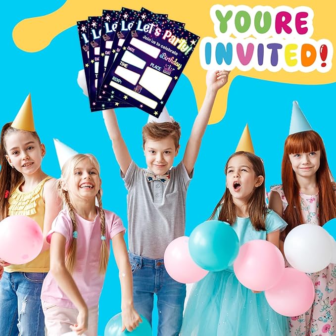 WorldBazaar Neon Birthday Invitations With Envelopes 20 Pack Let's Glow Theme Kids Birthday Party Invitation For Boys Girls Birthday Party Supplies