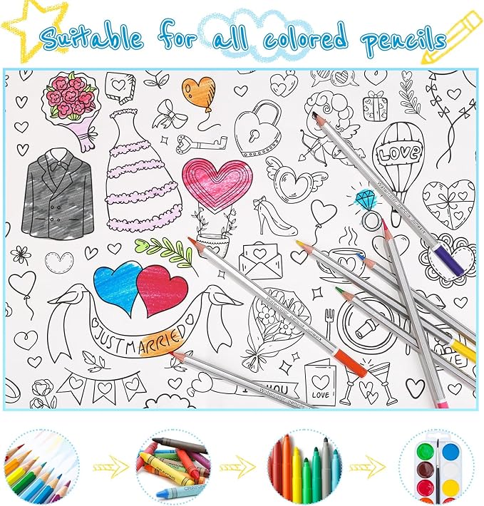 GWHOLE Giant Coloring Poster, 40 x 28 Inch Large Wedding Themed Coloring Tablecloth Colorable Table Cloth for Home School Wedding Bridal Shower