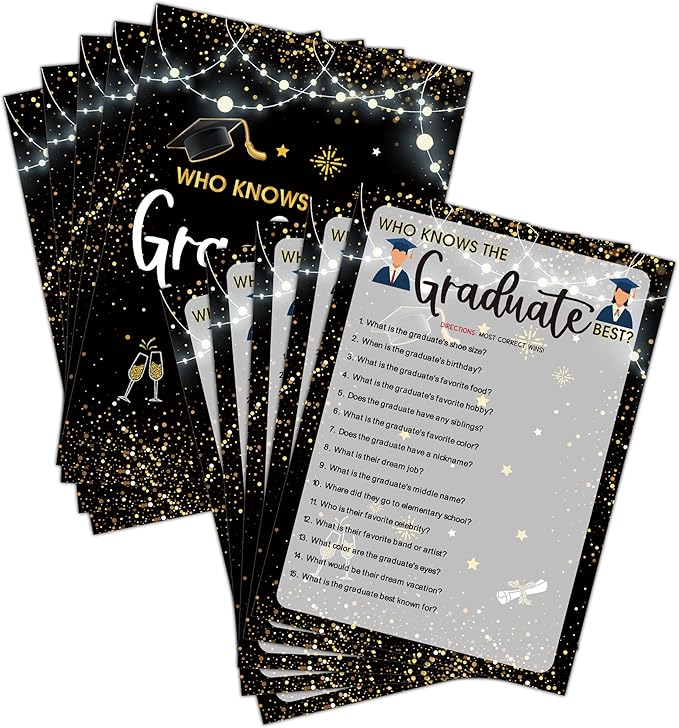 Graduation Party Games - Who Knows The Graduate Best Cards - Graduation Party Decorations 2024 - Gold & Black Grad Celebrations Party Supplies for High School/College - 30 Game Cards(H01)