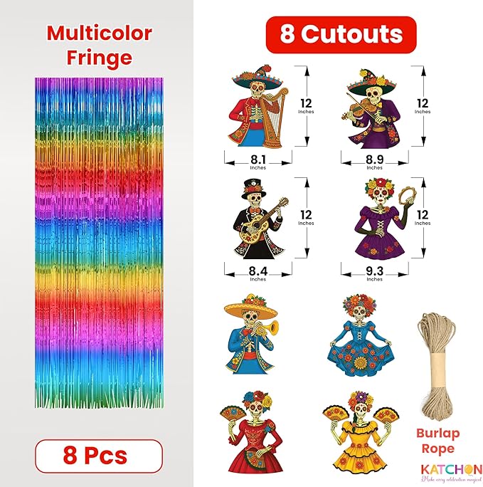 KatchOn, Halloween Fringe Curtain with Skeleton Cutouts – Pack of 8 | Day of Dead Hanging Decorations Indoor | Halloween Decorations Indoor for Fringe Backdrop | Day of The Dead Backdrop
