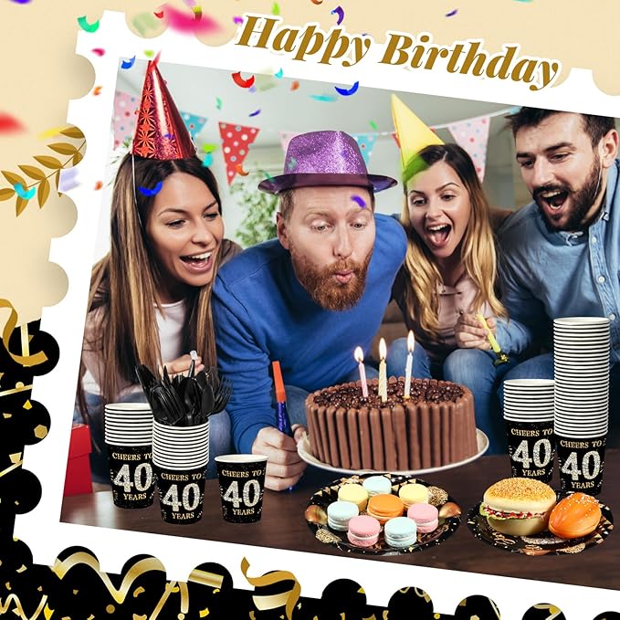 240 Pcs 40th Birthday Decorations 1986 Birthday Party Tableware Include Plates Napkins 9oz Cups Cutlery 40th Anniversary Party Supplies for Men Women Him Her, Serve 30 Guests (Black Gold)
