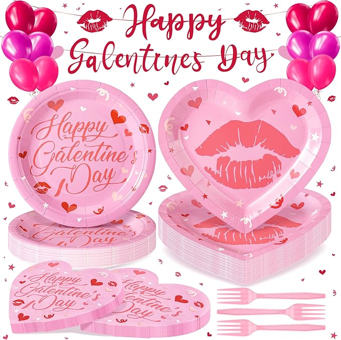 109PCS Happy Galentine's Day Party Supplies,Pink Love Heart Disposable Paper Plates Napkins Cups Forks Dinnerware for 24 Guest,Banner Balloons for Valentines Anniversary Wedding Engagement