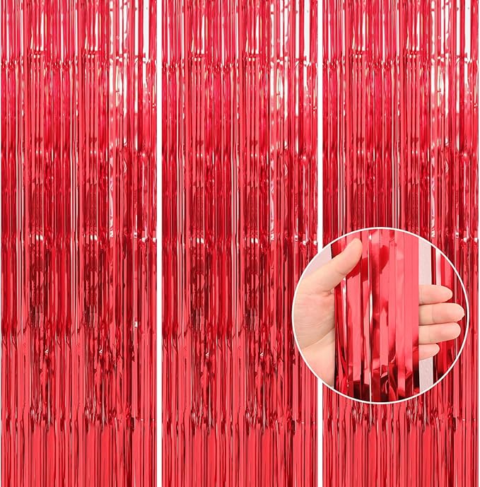 Crosize 2 Pack 3.3 x 9.9 ft Red Foil Fringe Curtains Party Decorations, Red Tinsel Curtain Backdrop for Valentine‘s Day Parties, Door Streamers, Glitter Streamer Fringe Backdrop for Birthday