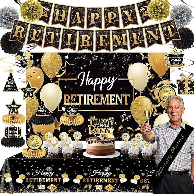 Retirement Party Decorations Includes Banner, Backdrop, Cake Topper, Hanging Swirls, Tablecloth, Honeycomb Centerpiece for Happy Retirement Decorations