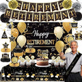 Retirement Party Decorations Includes Banner, Backdrop, Cake Topper, Hanging Swirls, Tablecloth, Honeycomb Centerpiece for Happy Retirement Decorations