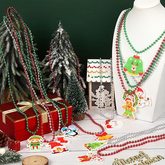NOVWANG 24 Pcs Christmas Beads, 12 Styles Christmas Metallic Beaded Necklaces Multi Colors Necklaces for Christmas Parade Decorations Christmas Party Favors