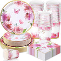 Pickmesh 250 Pcs Floral Party Disposable Tableware Set Paper Plates and Napkins Cups Supplies Tea Party Theme Dinner Dinnerware for Birthday Bridal Baby Shower wedding Decoration Serves 50