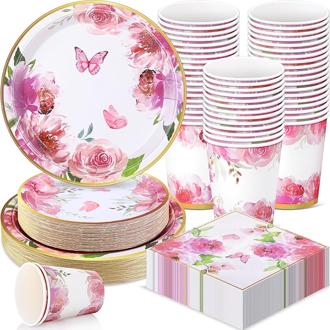 Pickmesh 250 Pcs Floral Party Disposable Tableware Set Paper Plates and Napkins Cups Supplies Tea Party Theme Dinner Dinnerware for Birthday Bridal Baby Shower wedding Decoration Serves 50