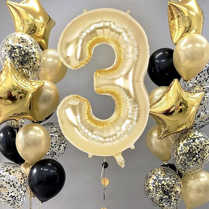 Light Gold Number 3 Balloon 40 Inch, Big Large Foil Helium White Gold Number Balloons, Giant Mylar Number 3 Balloons for 3 Year Old Birthday Party Decorations Supplies Anniversary
