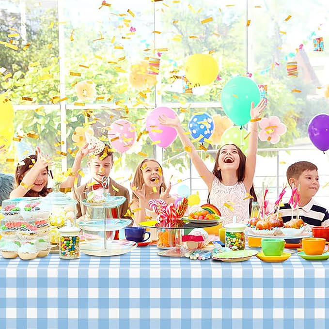 4 Pcs Light Blue Checkered Tablecloth 54 ×108 Inches Rectangle Blue Gingham Tablecloth Disposable Plastic Waterproof Table Cover for Outdoor Picnic, Kitchen, Holiday Birthday Party