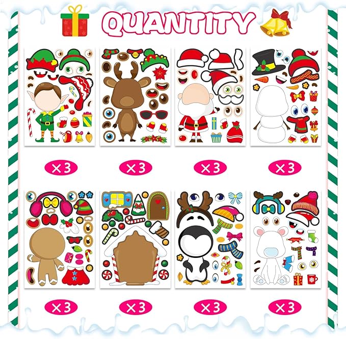 24 Sheets Christmas Stickers for Kids Make a Face Stickers Make Your Own Christmas Characters Mix and Match Stickers, Christmas Party Games Sticker for Christmas Party Favor Supplies School Rewards