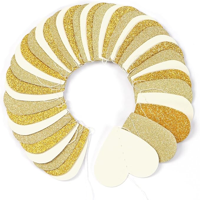 White-Gold Champagne Party-Decorations Heart Streamers Garland - 52Ft Christmas Wedding Engagement Hanging Paper Banner,Bachelorette Neutral Baby Bridal Shower Decor Banners Lasting Surprise