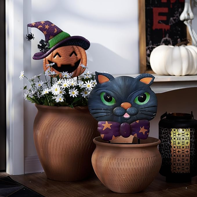 TERESA'S COLLECTIONS Metal Halloween Yard Stakes, Halloween Decorations Outdoor with Cute Black Cat Pumpkin, Jack-o-Lantern Stacked Garden Stakes Lawn Gift for Party Pathway Porch Patio Decor, 25“