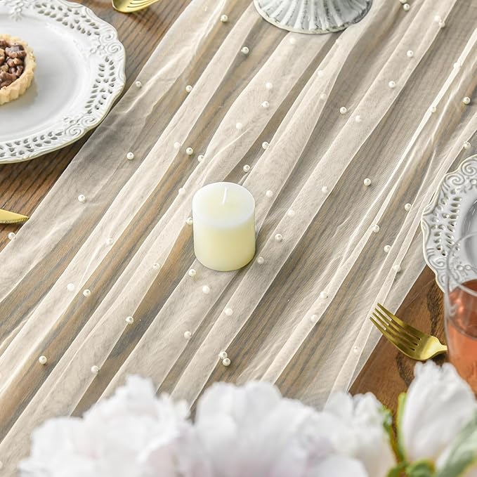 Artoid Mode 10PCS Pearl Beige Gauze Table Runner 120 Inch 10FT, Seasonal Sheer Dining Holiday Wedding Birthday Baby Shower Table Decor for Home Party