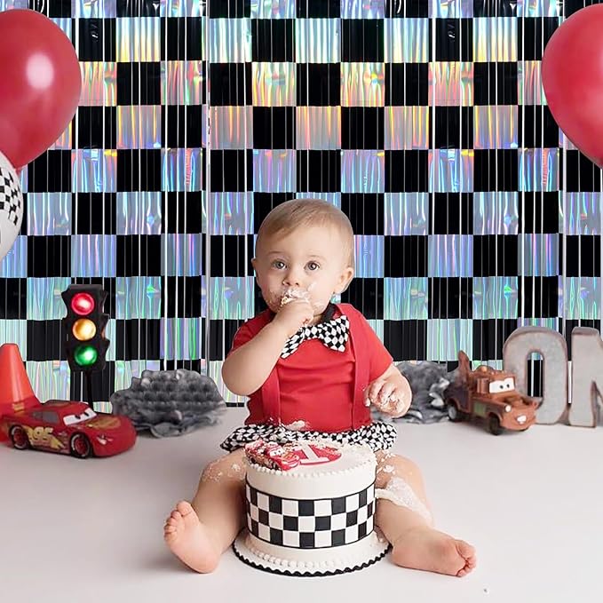 4 Pack 3.3Ft x 6.6Ft Race Car Checkered Foil Fringe Curtain Backdrop Decorations, Black Iridescent Metallic Tinsel Foil Streamers Curtain Photo Booth for Race Car One Happy Dude Birthday Party Decor
