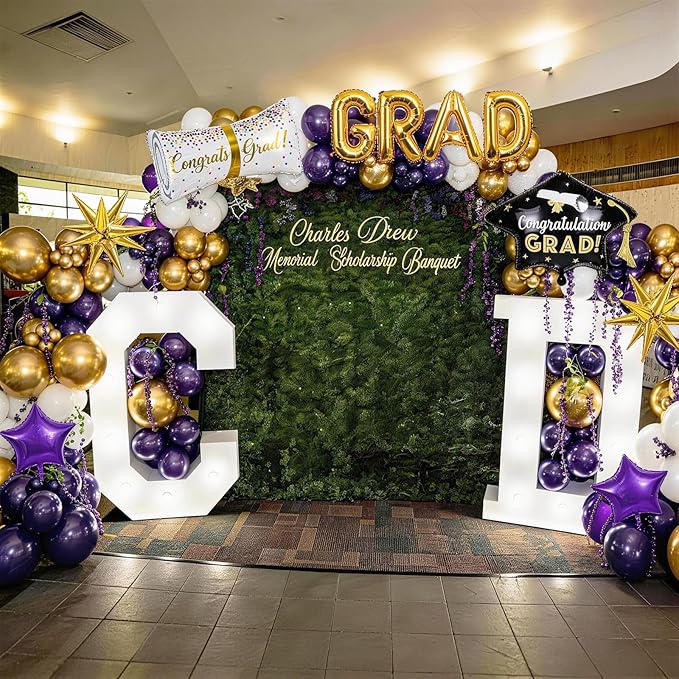 Purple Graduation Balloons Garland Arch Kit, 115 PCS Purple Gold White Graduation Star Print Certificate Grad Foil Balloons with Gold Explosion Star Balloon for Graduate Class of 2026 Prom Party Decor