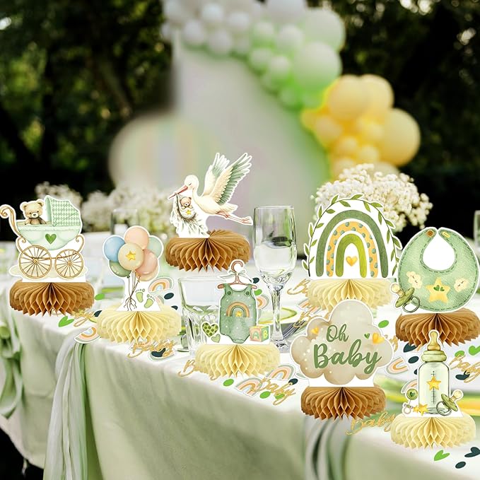 8Pcs Bear Baby Shower Decorations Honeycomb Centerpieces for Boy, Confetti Baby Shower Table Decorations Birthday Party Table Centerpieces Toppers Party Decor (Green)
