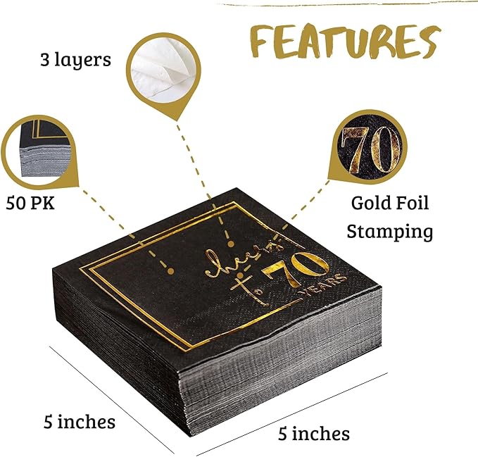 Cheers to Years Cocktail Napkins - 50 PK - 3-Ply Birthday Napkins 5x5 Inches Disposable Party Napkins Beverage Paper Napkins or Birthday Decorations Wedding Anniversary Black and Gold (70 Years)