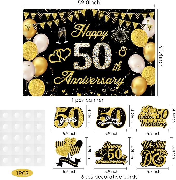 50th Wedding Anniversary Party Decorations Supplies Kit - 41PCS Black Gold Happy 50th Anniversary Banner Backdrop Hanging Swirl Pompoms Decorations Cards