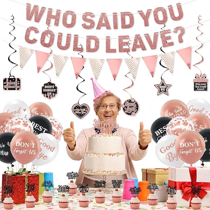 Roetyce Farewell Party Decorations, Rose Gold Who Said You Could Leave Banner Balloons Cake Toppers Hanging Swirls, Pink Going Away Retirement Leaving Party Decorations Coworker Goodbye Party Supplies