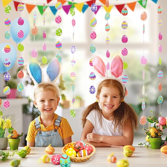 AhfuLife Easter Egg Garland Decorations, Happy Easter Paper Banner Party Decorations 6pcs Hanging Eggs for Home Party Favors Supplies