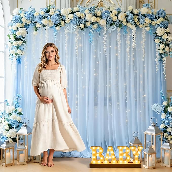 Baby Blue Backdrop Curtains for Baby Shower Decorations 10×8FT Tulle Backdrop Curtain with Lights for Boy Parties Elephant Birthday Party Photo Shoot Backdrop Background Decorations (2 Panels 4×10ft)