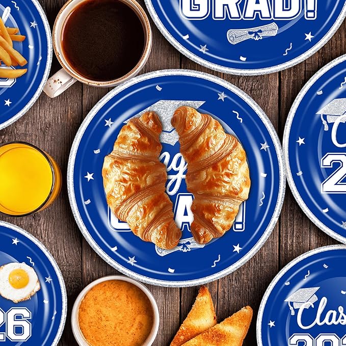 OuMuaMua 2026 Graduation Party Dinnerware Supplies - 200 Pcs Blue White Graduation Disposable Plates and Napkins for 2026 College High School Graduation Party Decorations, Serves 50