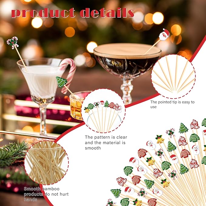 100Pcs, 5", Christmas Cocktail Picks Xmas Decor Toothpicks Fruit Sticks Food Sandwich Appetizer Charcuterie Skewers, Xmas Tree Snowman Bell Santa Claus Themed Christmas Decorations Party Supplies
