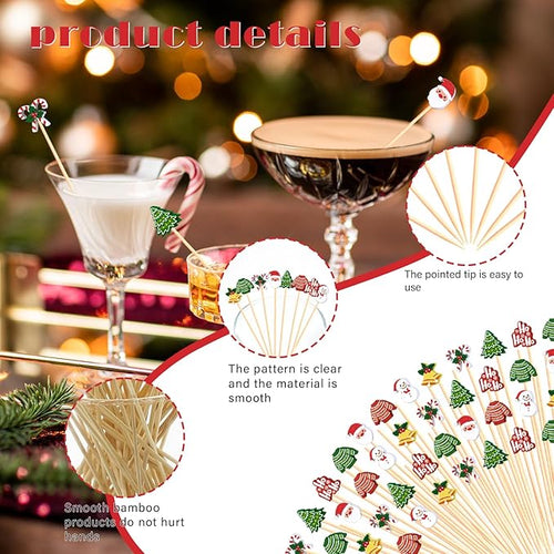 100Pcs, 5", Christmas Cocktail Picks Xmas Decor Toothpicks Fruit Sticks Food Sandwich Appetizer Charcuterie Skewers, Xmas Tree Snowman Bell Santa Claus Themed Christmas Decorations Party Supplies