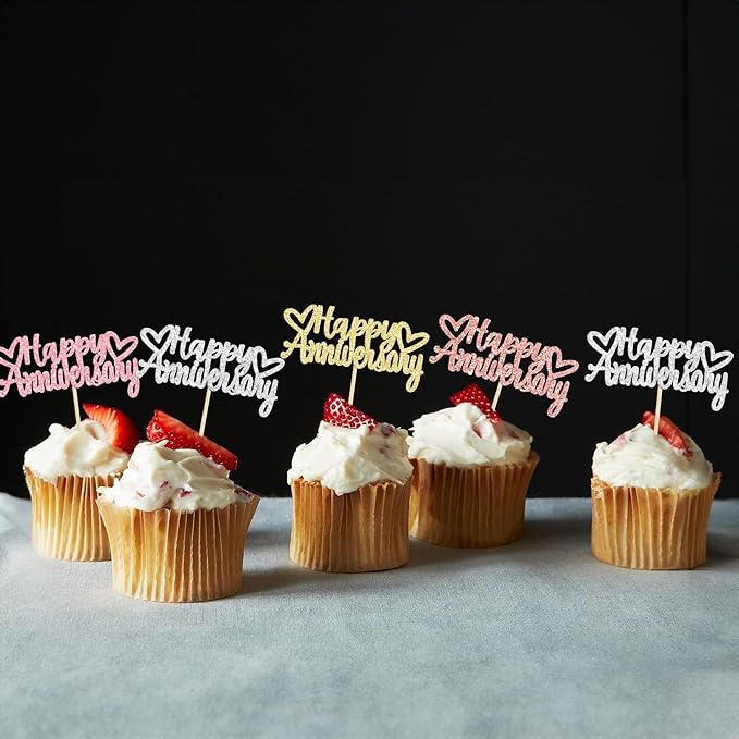 Gyufise 24Pcs Glitter Happy Anniversary Cupcake Toppers Anniversary Party Supplies Cake Decoration Wedding Anniversary Celebration Party Decoration Supplies Multi