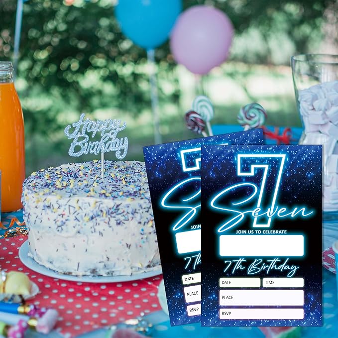 SIXEIGHT Blue 7th Birthday Invitations for Boys, Neon Glow Party Invitations for Girls Kids, 20 Pack Double Sided Invite Cards with Envelopes, 7th Glow Neon Birthday Party Decorations, 4x6 Inch-C07
