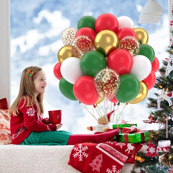 Patimate Red and Green Christmas Balloons Set, 50 pcs 12 inch Metallic Gold Green Red White Confetti Latex Balloons Kit for Christmas Grinch Birthday Party Decorations