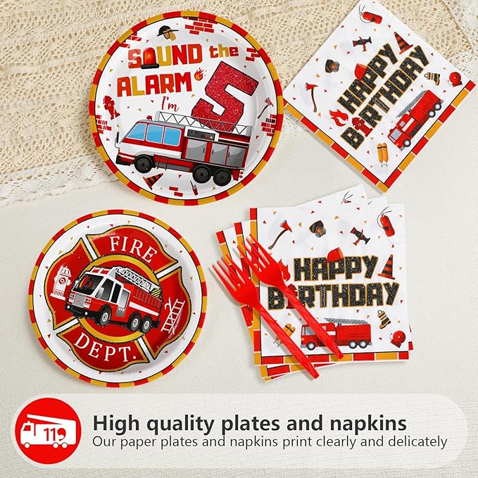 Grencian 96Pcs 5th Fire Truck Birthday Party Supplies Sound the Alarm 5th Birthday Plates and Napkins Tableware Set Red White Decoration for 5 Years Old Fire Theme Fireman Firetruck Serve 24