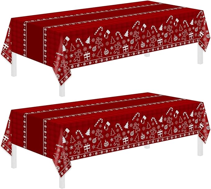 Childom 2 Pack Christmas Tablecloths Disposable,Christmas Decorations,54 x 108 Inch,Plastic Table Cloths for Rectangle Tables,Red Themed Checkered Table Covers for Xmas,Indoor,Outdoor,Birthday,Parties