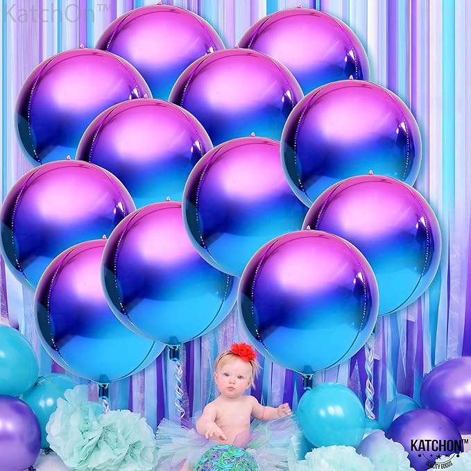 KatchOn, Purple Galaxy Balloons - 22 Inch, Pack of 12 | Round 4D Metallic Balloon for Galaxy Birthday Party Decorations | Iridescent Balloon | Purple and Blue Balloons for Mermaid Party Decorations