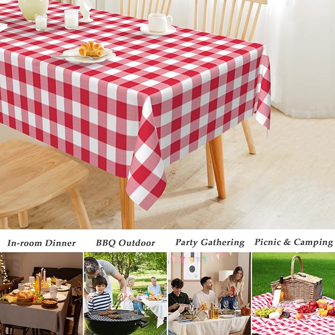 Mulbozy 2 Pcs Red and White Checkered Tablecloth, 54 × 108 inches Disposable Red Plaid Table Covers Plastic Gingham Tablecloth for Outdoor Picnic Birthday Baby Shower Holdiay Party Decoration